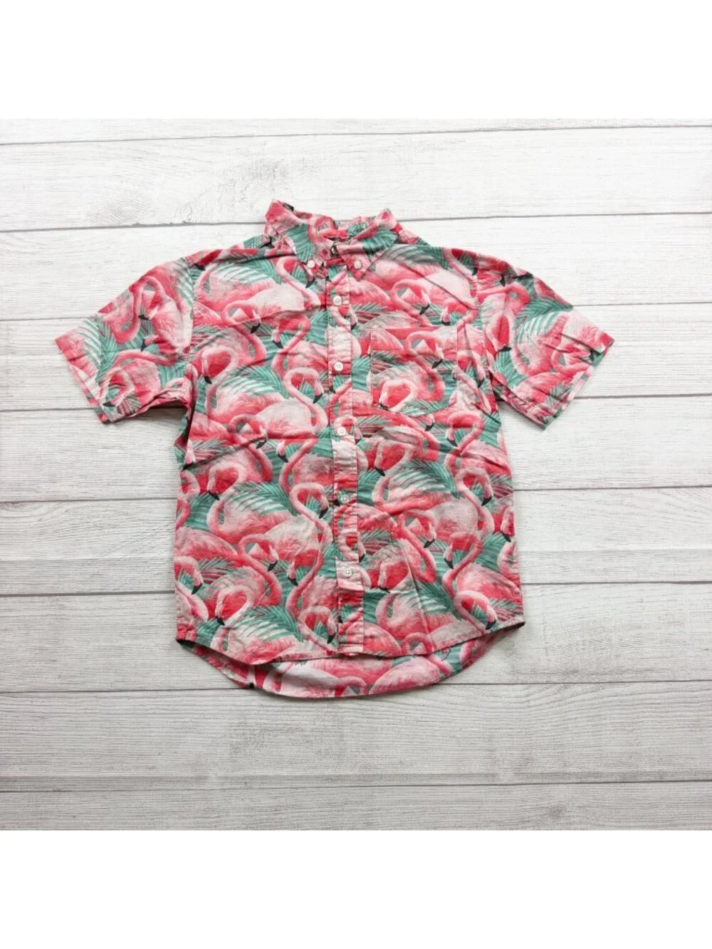 Old Navy Boys Flamingo Print Button Up Shirt Tropical Built-In Flex L 10-12